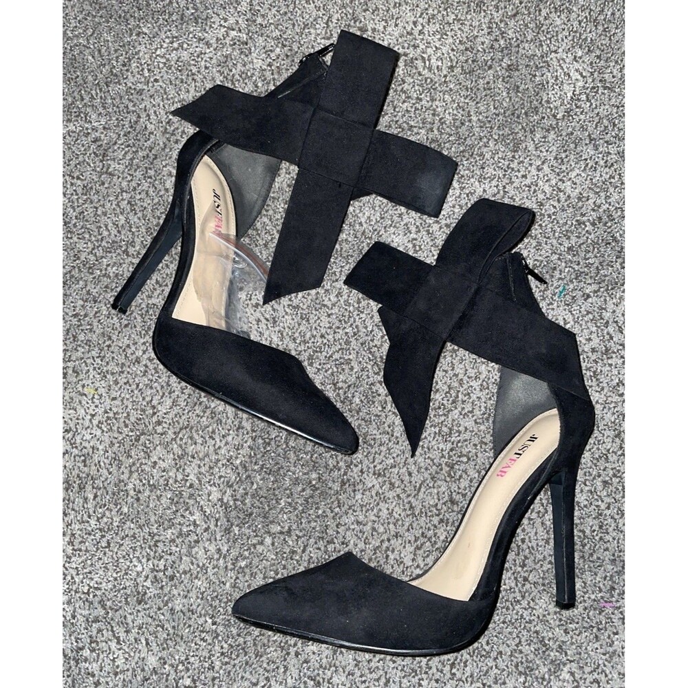 Just Fabulous Black Faux Suede Heels With Ankle Bow Stilleto Pump Formal 38.5